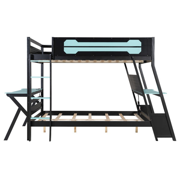 English Elm Full Size Gaming Bunk Bed with Dual Desks Usb Charging Ports and Pegboard Storage Blue LT000274AAC