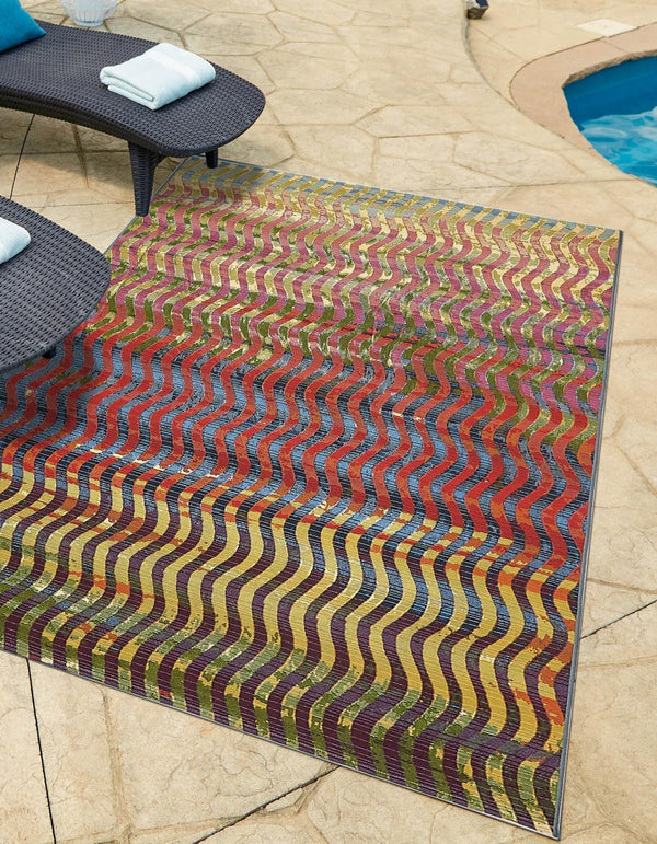Unique Loom Outdoor Modern Wavy Machine Made Geometric Rug Multi, Beige/Blue/Brown/Cream/Green/Red/Navy Blue/Olive/Orange 10' 0" x 12' 2"