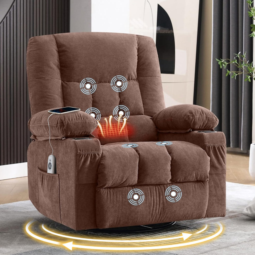 English Elm Massage Swivel Rocker Recliner with Heat Lumbar Relief and Usb Port for Living Room Brown W1521P478288