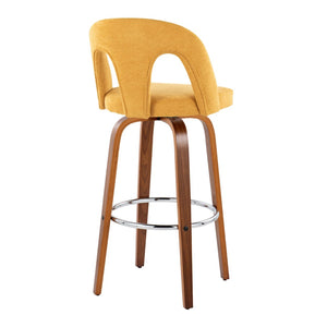 English Elm Fixed-height Swivel Barstools Walnut Bentwood Legs Chrome Footrest Yellow Seat Set of 2 B202S01881