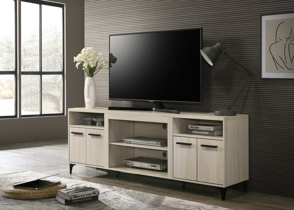 English Elm Tropea 58 Inch Open Shelf Media Console with Oak Finish and Cord Management B2749P413263