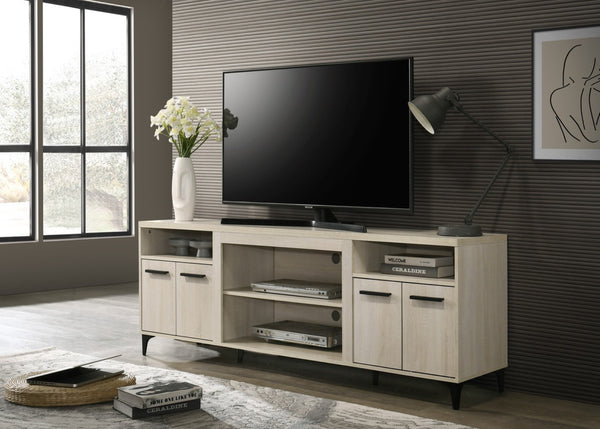 English Elm Tropea 58 Inch Open Shelf Media Console with Oak Finish and Cord Management B2749P413263