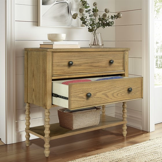 English Elm 2 Drawer Accent Chest Camel Oak Finish Solid Wood Legs MDF Oak Veneer Top Spacious Drawers Sturdy Shelf 36" B035P262688