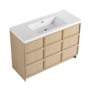 English Elm 48" Floating Bathroom Vanity Dual Ceramic Vessel Sinks Oak Finish Soft Close Doors W999S00511