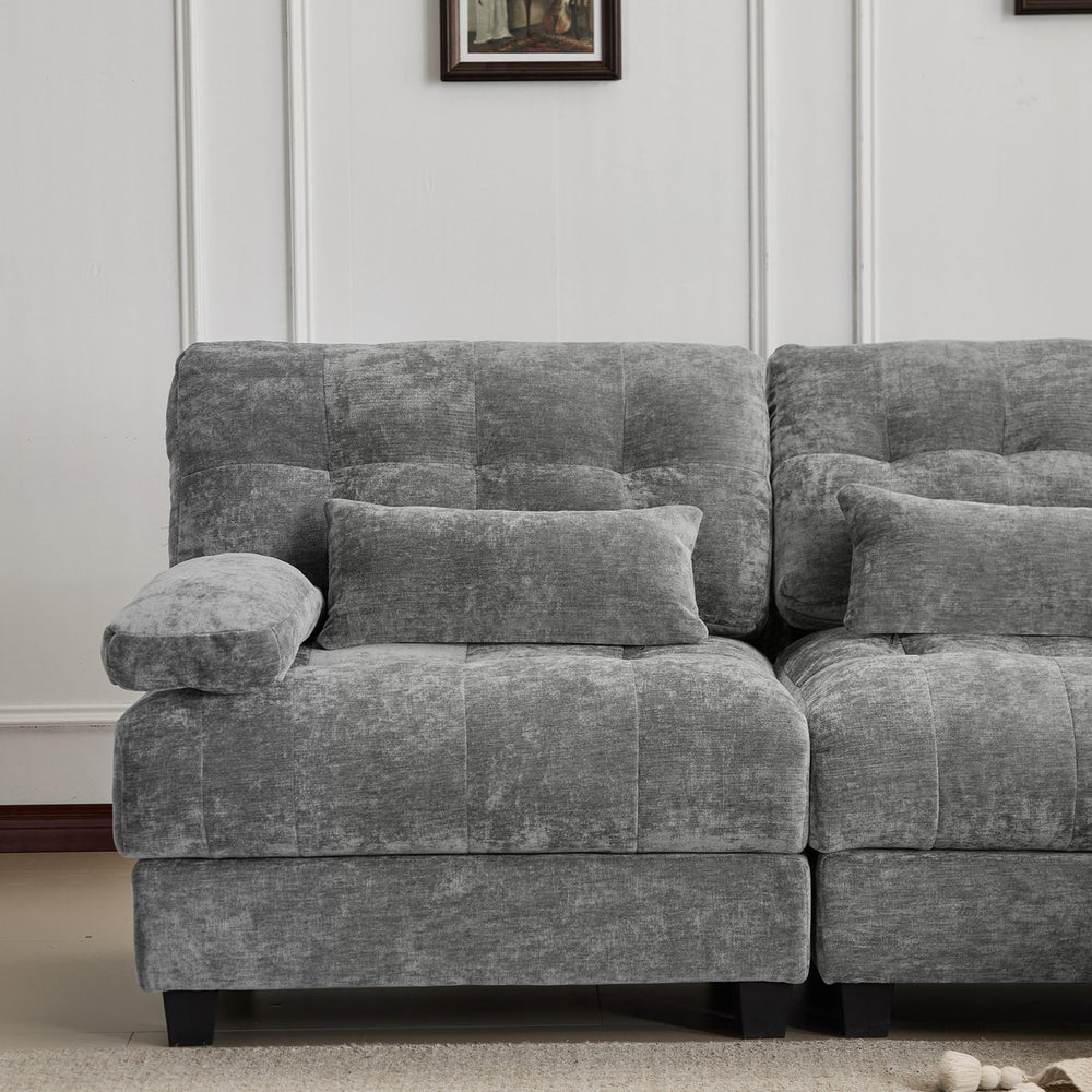 English Elm 119" 4-Seater Sofa with 2 Ottomans - Adjustable 4-Position Backs, 350lb Seats, Soft Chenille, Pillows Gray W2606S00037