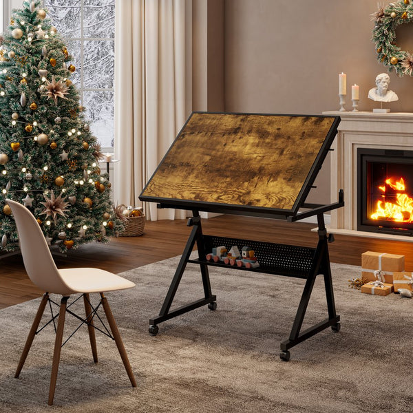 English Elm 1500 Puzzle Table with Adjustable Height & Tilt, 4 Felt Trays, Locking Wheels, Large Metal Storage Shelf Black W347P372497