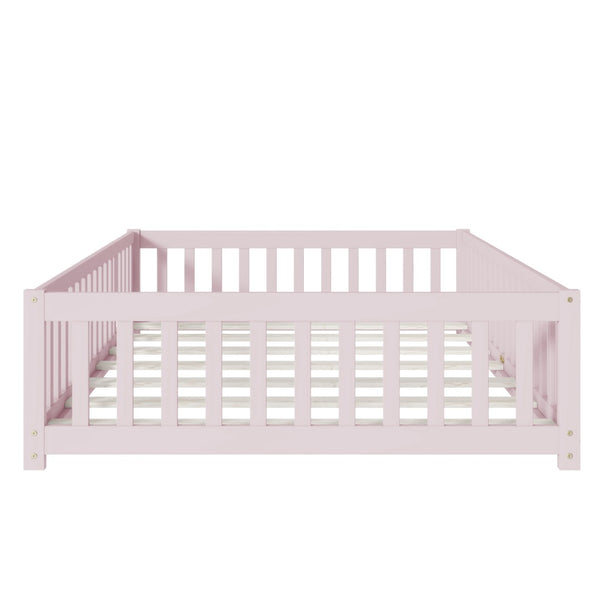 English Elm Twin Solid Rubberwood Floor Bed with Full Perimeter Safety Rails for Toddler Rooms Pink W504P296791