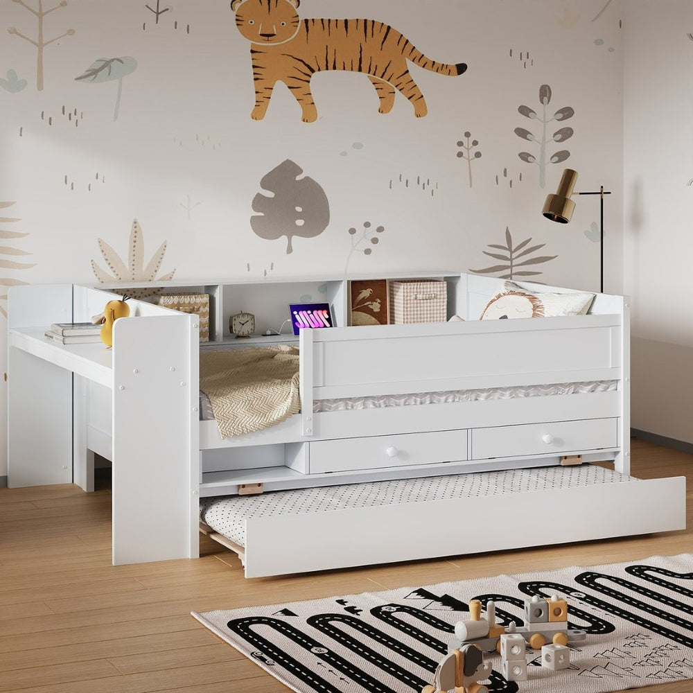 English Elm Multi-functional Twin Daybed with Trundle Desk Usb Charging Pine Wood Storage GX000462AAK