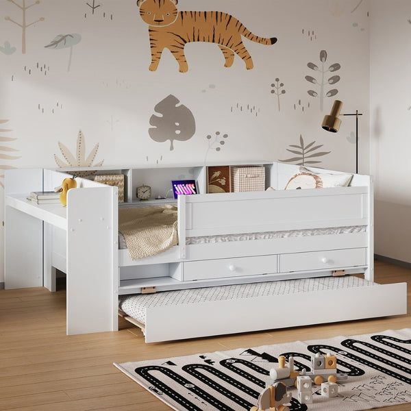 English Elm Multi-functional Twin Daybed with Trundle Desk Usb Charging Pine Wood Storage GX000462AAK