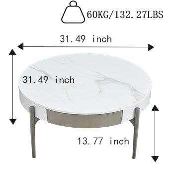 English Elm Modern Round White Ceramic Top Coffee Table with Drawers, Smoked Wood Veneer & Grey Metal Legs, Sleek Storage Centerpiece W1911P269601