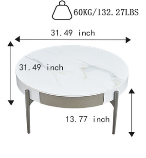 English Elm Modern Round White Ceramic Top Coffee Table with Drawers, Smoked Wood Veneer & Grey Metal Legs, Sleek Storage Centerpiece W1911P269601
