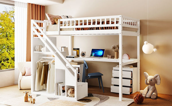 English Elm Twin Loft Bed with Staircase Desk Dual Drawers and Led Strip for Kids Rooms LT000257AAK