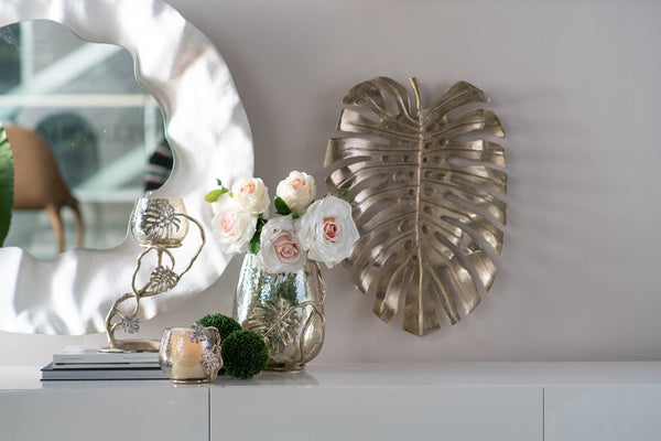 English Elm 9.8x8.5x10.8" Palm Motif Hurricane Holder Silver Aluminum Smoke Glass Mantel Decor W2078P490401