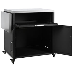 English Elm Versatile Outdoor Cabinet with Foldable Stainless Top, Extendable Iron Panel, Locking Wheels, Matte Black N719P244805B