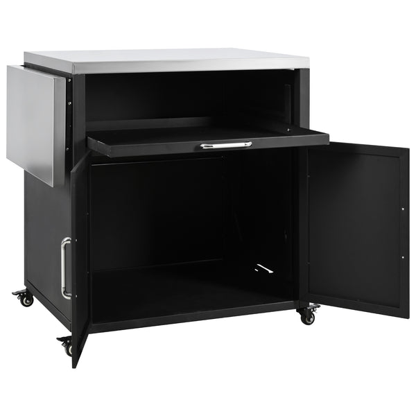 English Elm Versatile Outdoor Cabinet with Foldable Stainless Top, Extendable Iron Panel, Locking Wheels, Matte Black N719P244805B