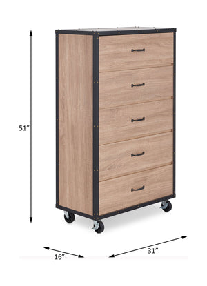 English Elm Bemis Weathered Light Oak Chest with 5 Storage Drawers, Industrial Caster Wheels & Contrast Trim B2726P283819