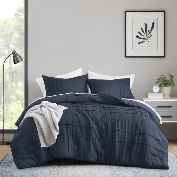 English Elm 3-piece Cal King Pintuck Pleated Microfiber Comforter Set Soft Washed Tailored Bedding Navy B035P463227