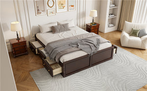 English Elm Wood Queen Size Platform Bed Frame with 6 Drawers for Storage, Sturdy Pine/MDF Slat System, 500lb Capacity Espresso N709P241723P