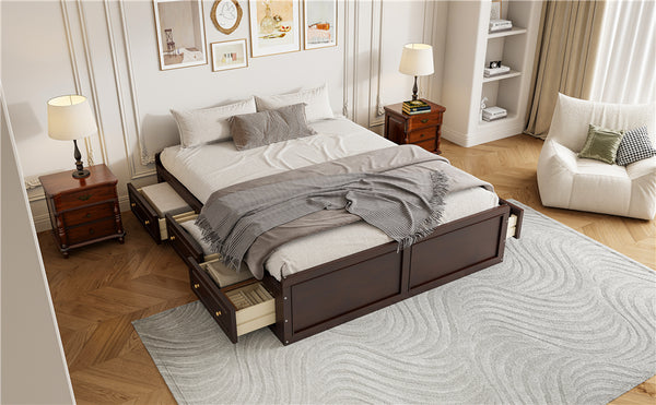 English Elm Wood Queen Size Platform Bed Frame with 6 Drawers for Storage, Sturdy Pine/MDF Slat System, 500lb Capacity Espresso N709P241723P