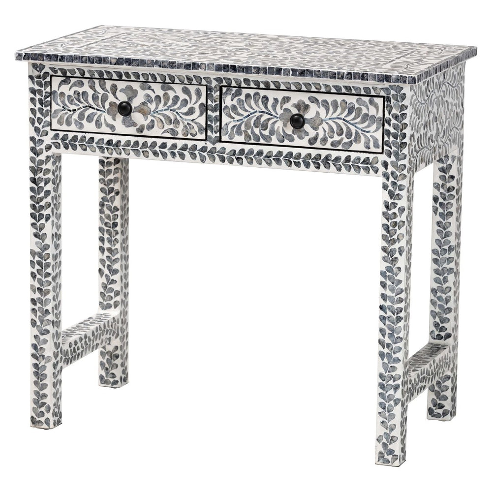 English Elm Coastal Capiz Shell Mosaic Console Table Iridescent Floral Inlay with Two Drawers B2750P467801