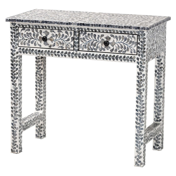 English Elm Coastal Capiz Shell Mosaic Console Table Iridescent Floral Inlay with Two Drawers B2750P467801