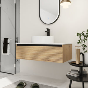 English Elm 36'' Floating Wall Mounted Vanity Plywood Cabinet with Ceramic Vessel Sink Soft Close Drawer W999S00362