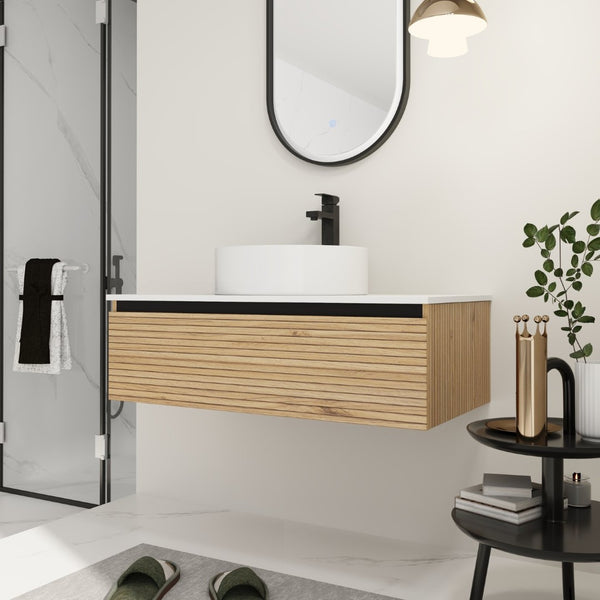 English Elm 36'' Floating Wall Mounted Vanity Plywood Cabinet with Ceramic Vessel Sink Soft Close Drawer W999S00362