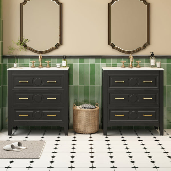English Elm 60'' Elegant Black Bathroom Vanity Set With Ceramic Sink, 6 Drawers, Solid Wood Frame & Storage N710SS00003B