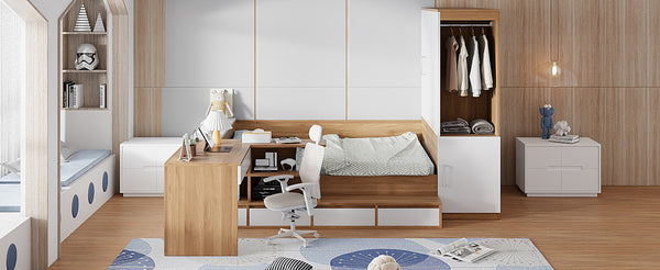 English Elm Full Size Wooden Platform Bed With 6 Drawers, Desk, Shelves & Wardrobe - Stylish Natural Finish N820S00060N