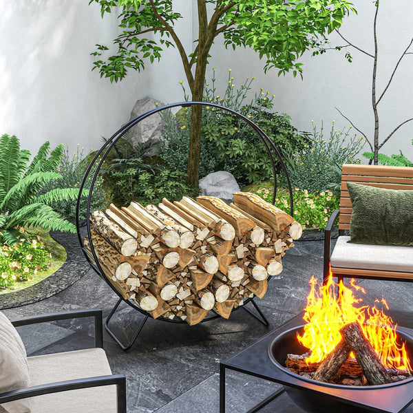 English Elm Outsunny 40" Firewood Rack with Waterproof Zipper Cover, Heavy-Duty 220lb Log Hoop for Indoor/Outdoor W2225P229255