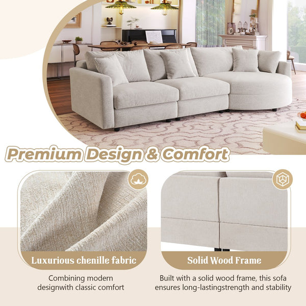 English Elm U_Style 105" Chenille 3-Piece Sectional Sofa with Curved Chaise, Solid Pine Frame & Premium Comfort Beige WY000455AAA