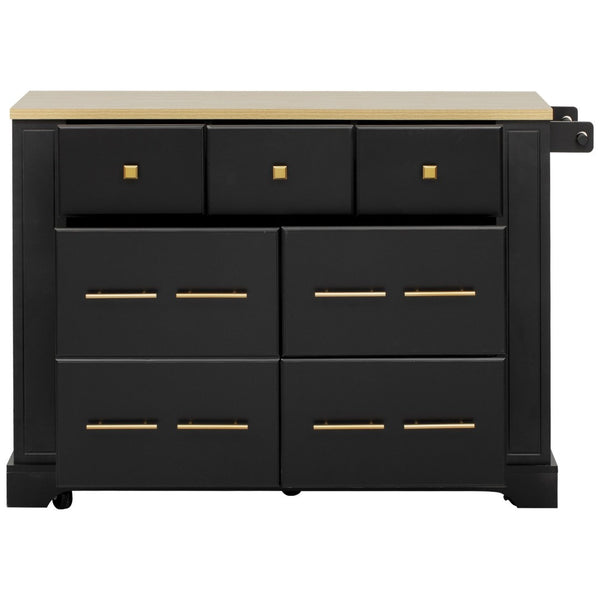 English Elm K&k Rolling Kitchen Island Six Drawers Drop Leaf Built-in Charging Vintage Style Black N707S307292B