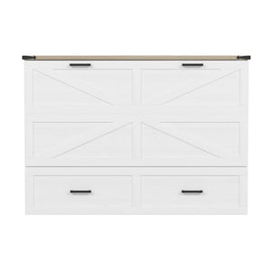 English Elm Queen Farmhouse Murphy Cabinet Bed with Charging Station and Storage Drawer White N733S361778W