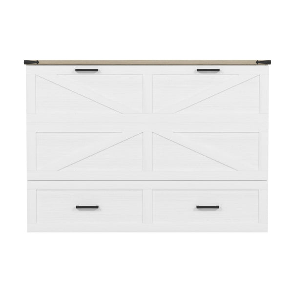 English Elm Queen Farmhouse Murphy Cabinet Bed with Charging Station and Storage Drawer White N733S361778W
