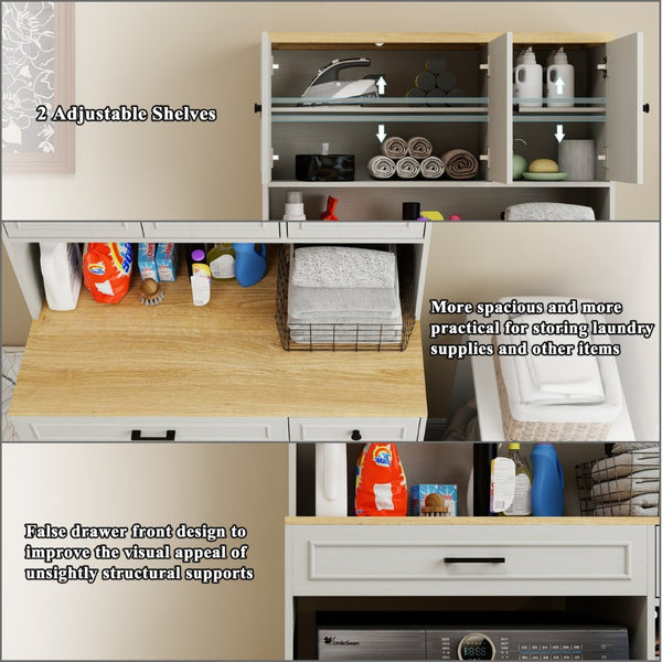 English Elm Over Washer Dryer Laundry Cabinet with Basket Drawer Adjustable Shelves Antique White W1120P338184