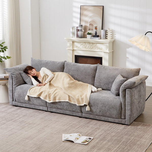 English Elm 98.5" 3-seater sofa with upholstered armrests and plush cushions, modern linen sofa with high weight capacity Grey W1193S00143