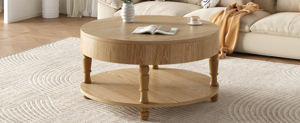 English Elm Coffee Round Flip-Top Coffee Table with Hidden Storage and Open Shelf, Modern Living Room Chest Natural Wood W1445P341371