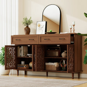 English Elm 4 Door Sideboard Buffet with Hand Carved Geometric Panels Black Oak Finish Raised Legs W688P359947