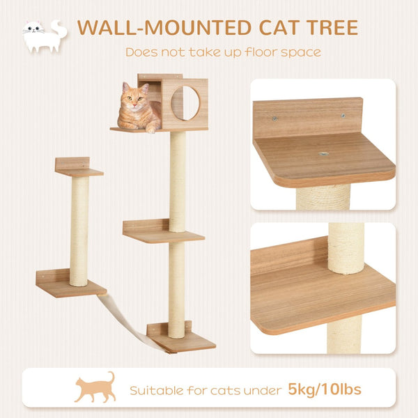 English Elm Pawhut Wall Mounted Pine Cat Tower with Sisal Posts Condo and Climbing Platforms W2225P217049