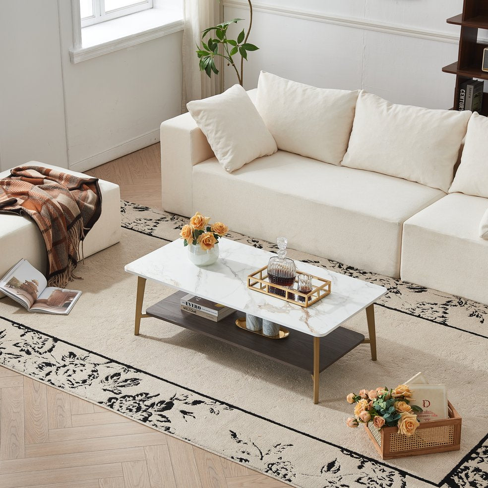 English Elm Coffee Rectangular Coffee Table with Golden Metal Frame & White MDF Shelf, Spacious Open Storage W1911P269599