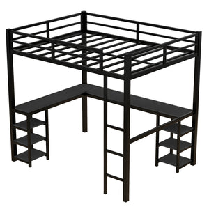 English Elm Full Metal Loft Bed With Desk & Shelves - Space-Saving Design, Safety Guardrails, Modern Black Frame W1580S00049