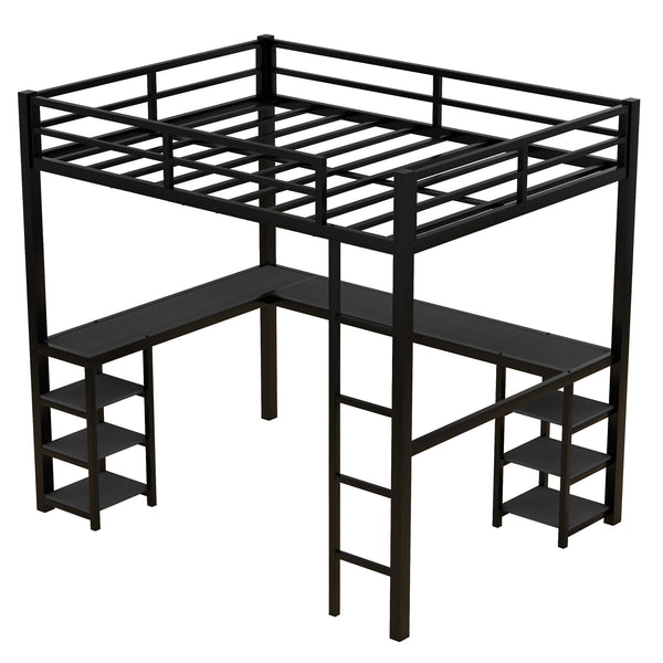 English Elm Full Metal Loft Bed With Desk & Shelves - Space-Saving Design, Safety Guardrails, Modern Black Frame W1580S00049
