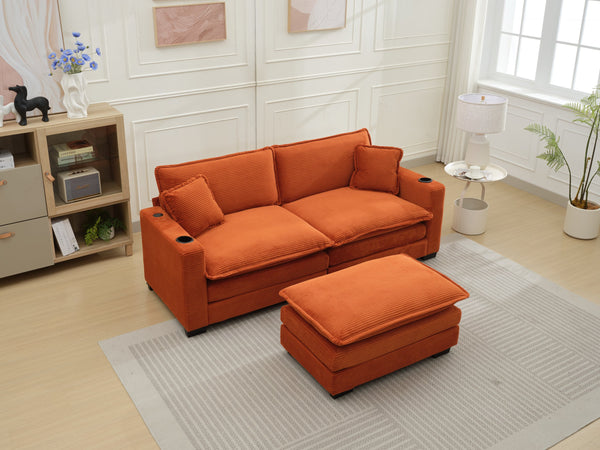 English Elm L Shape Sofa Couch With Usb Port & Cup Holder – Stylish Corduroy 2-Seater In Vibrant Orange & Footstool W2100S00136