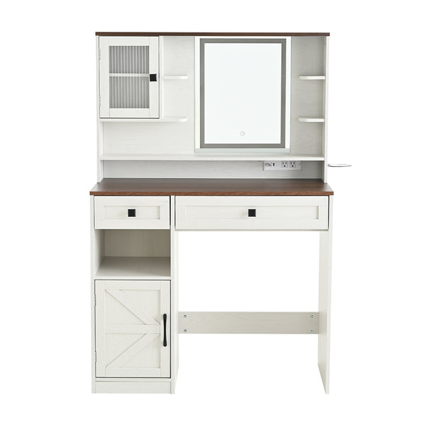English Elm Farmhouse Makeup Vanity Desk with Lighted Mirror, Built-In Charging Station, Ample Storage and Stool White N844P291652M