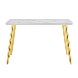 English Elm Modern Marble Look Glass Top Dining Table with Gold Tapered Legs Seats Six W1151S04622