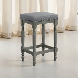 English Elm Set of 2 Rustic Counter Stools with Cushioned Faux Leather Seats, Solid Wood Build, Space-Saving 25" Gray W2537P298996