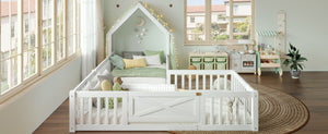 English Elm Twin House Floor Bed with Door & Full-Length Guardrails, Solid Wood Twin Loft Alternative for Kids White W1580P327128