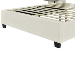 English Elm Queen Upholstered Platform Bed with Oversized Velvet Headboard, Built-In Shelves, Modern Comfort and Support for Relaxation Beige SF000138AAA