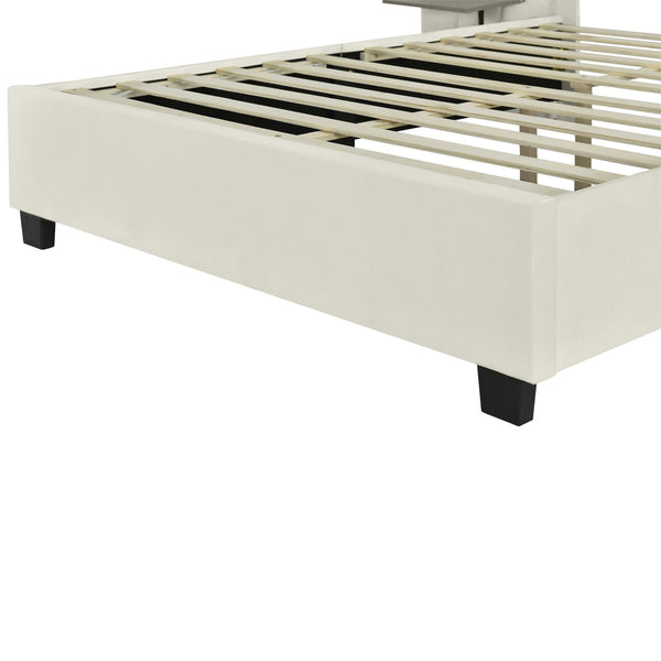 English Elm Queen Upholstered Platform Bed with Oversized Velvet Headboard, Built-In Shelves, Modern Comfort and Support for Relaxation Beige SF000138AAA