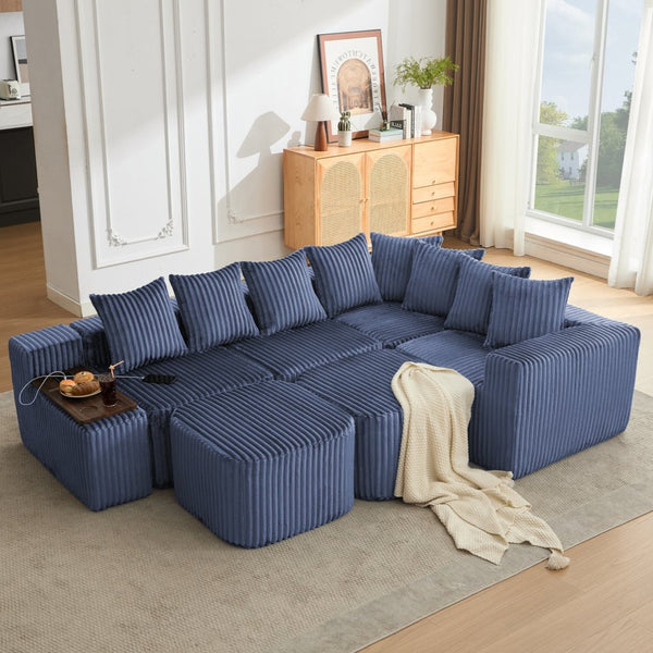 English Elm [new U-shaped Corduroy Sectional with Usb Charging Console and Movable Modules Blue W2108S00177